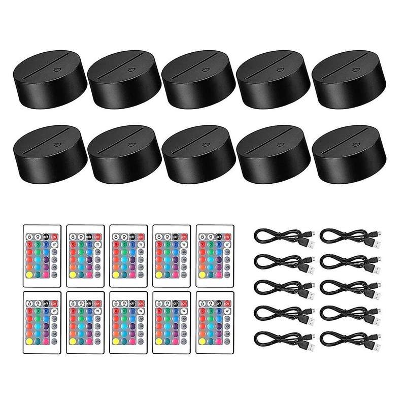 10 Pack 3d Night Led Light Lamp Base + Remote Control + Usb Black
