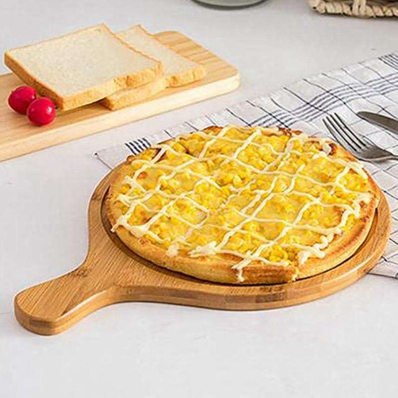 1pc 14 Inch Bamboo Pizza Serving Tray with Handle Kitchen Baking Tool