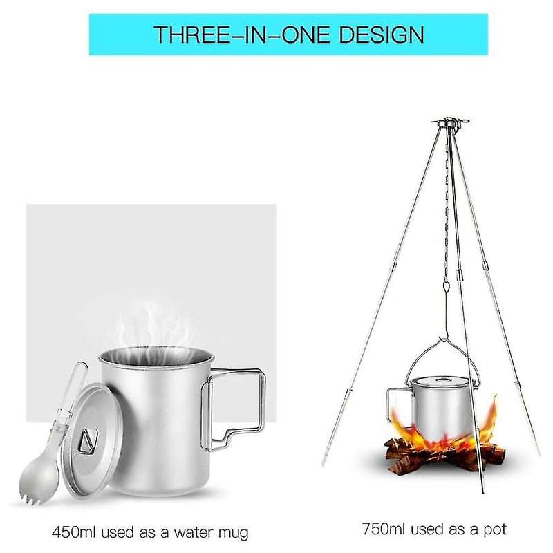 Outdoor Camping Titanium Cup 750ml Pot+450ml Mug+lightweight Spoon