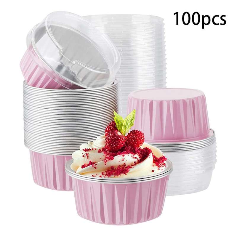100pcs 125ml Disposable Cake Baking Cups with Lids Aluminum Foil-pink
