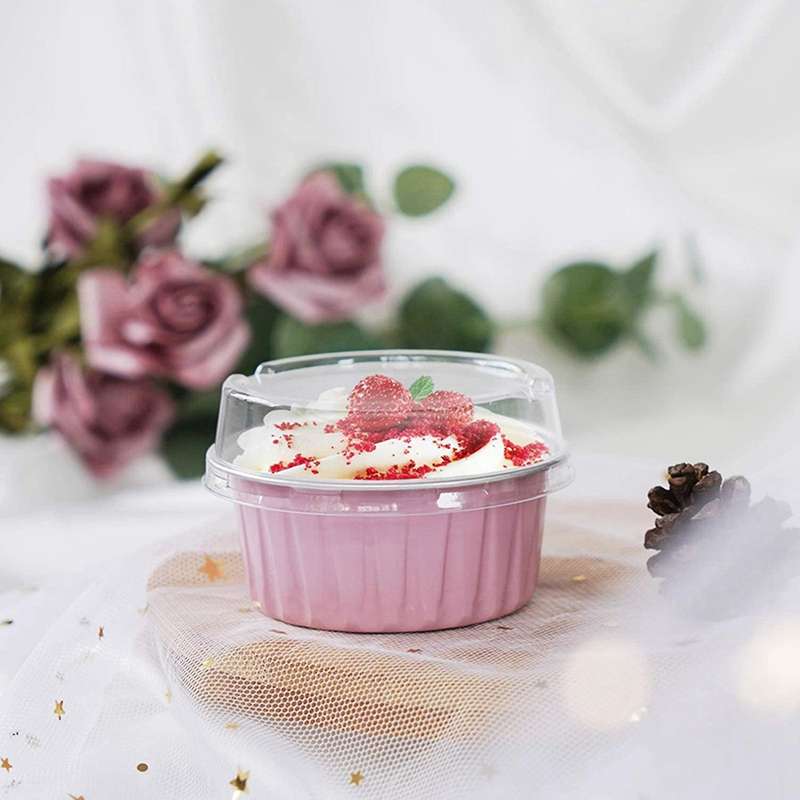 100pcs 125ml Disposable Cake Baking Cups with Lids Aluminum Foil-pink
