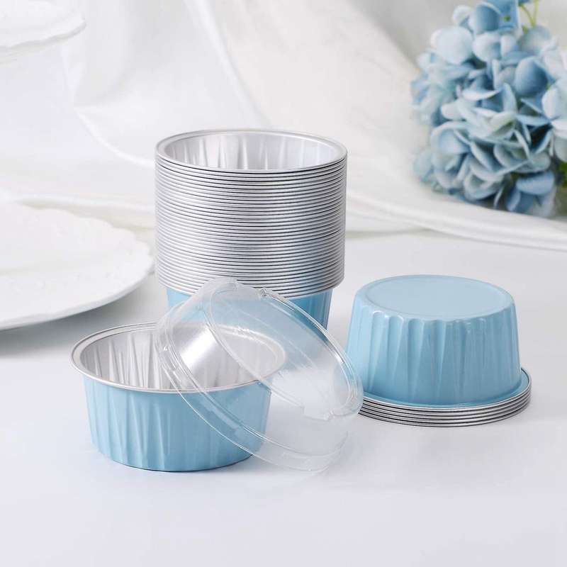 200pcs 125ml Disposable Cake Baking Cups with Lids Aluminum Foil-blue
