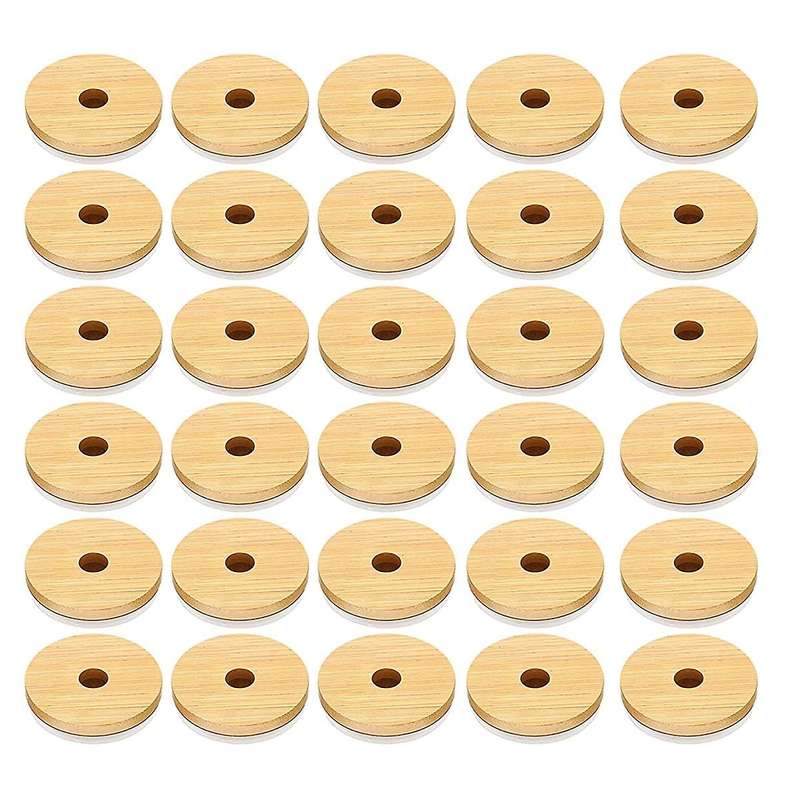 Bamboo Jar Lids with Straw Hole Reusable Jar Lids Leak Proof 30pcs