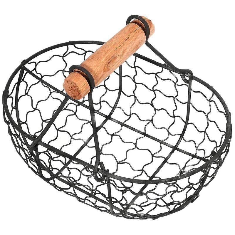 Wooden Handle Metal Retro Basket Black