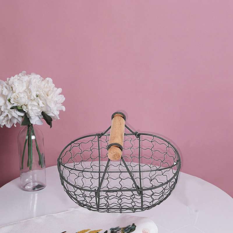 Wooden Handle Metal Retro Basket Black