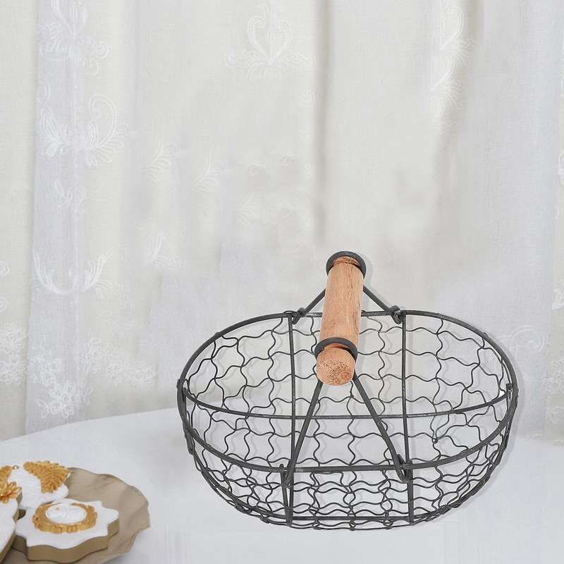 Wooden Handle Metal Retro Basket Black