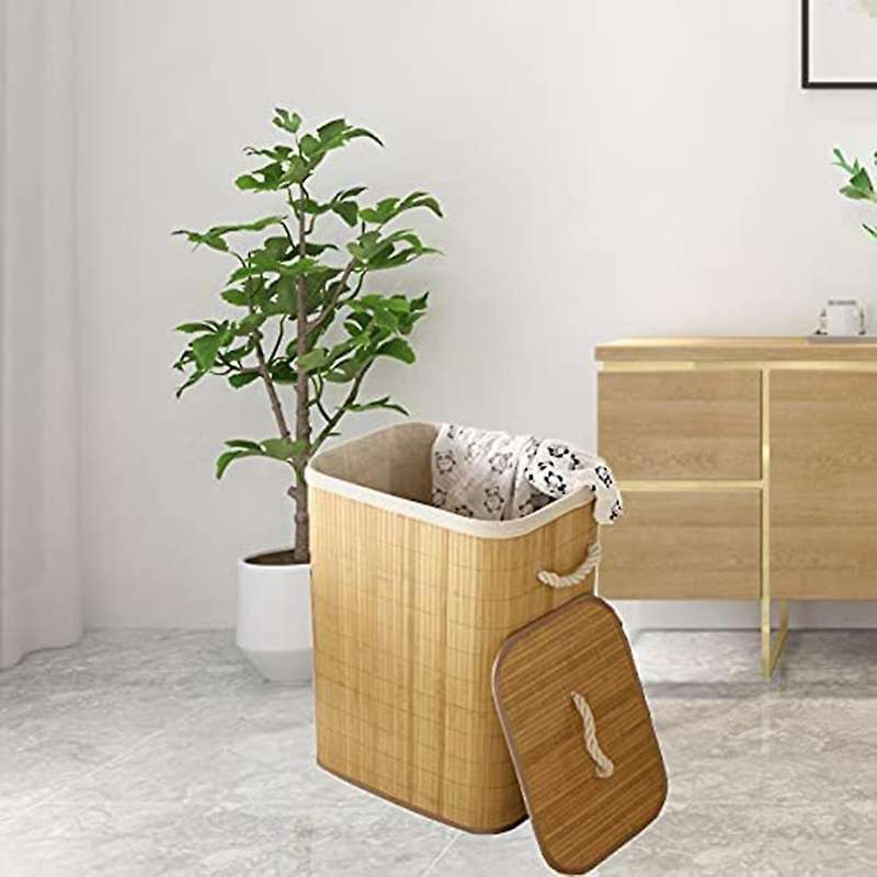 Foldable Bamboo Laundry Basket, Clothes Storage Basket with Lid