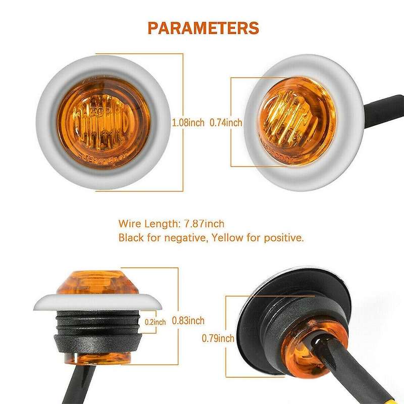 50pcs 3/4 Inch 3 Led Side Marker Lights for Trucks Boat Pckup Yellow