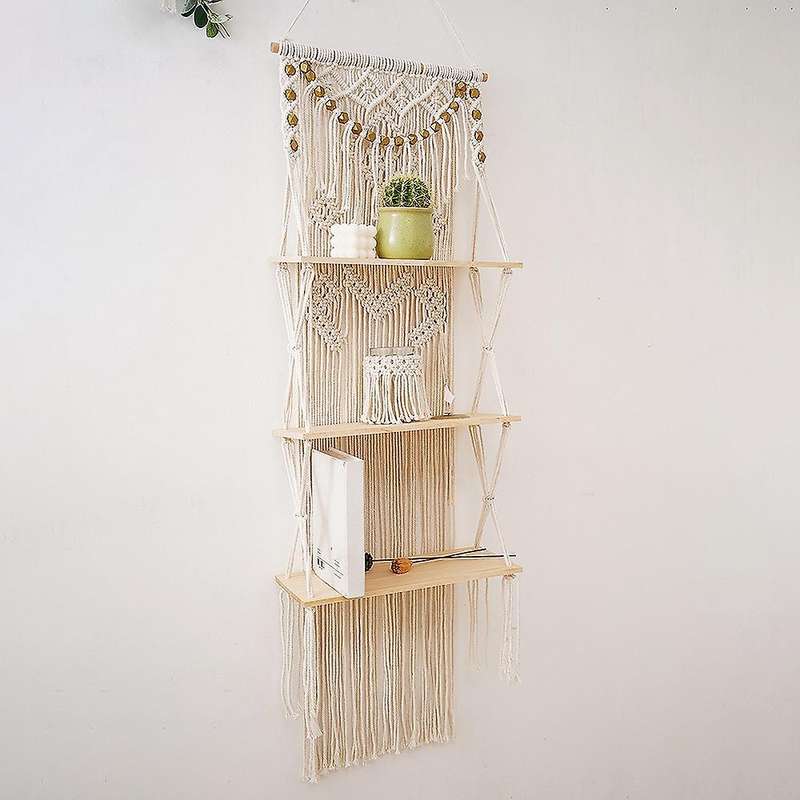 Macrame Wall Hanging 3-tier Floating Wall Shelves Decor for Plant Pot