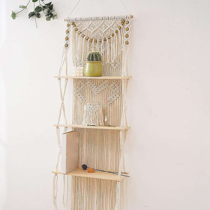 Macrame Wall Hanging 3-tier Floating Wall Shelves Decor for Plant Pot