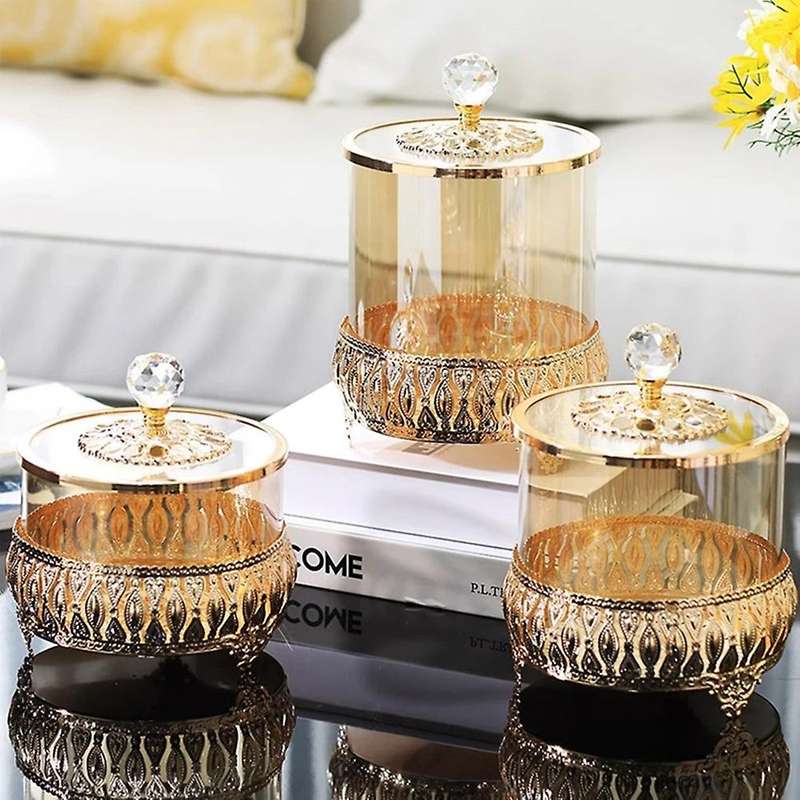 Transparent Glass with Cover Storage Tank Metal Glass Candy Jar B