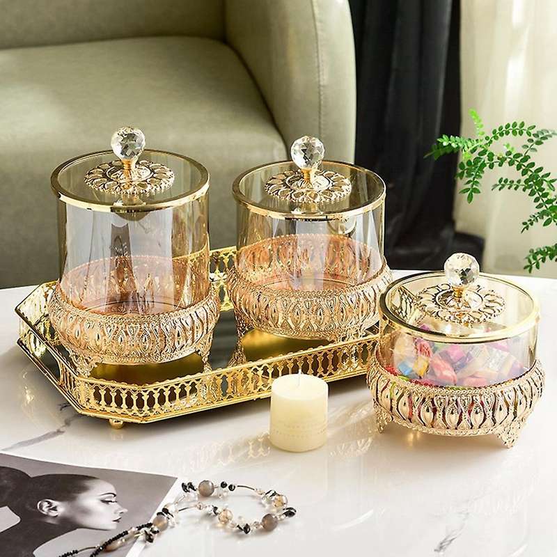 Transparent Glass with Cover Storage Tank Metal Glass Candy Jar B
