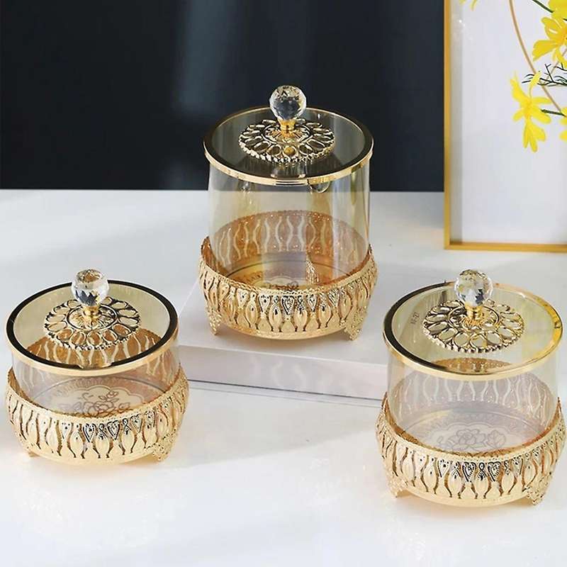 Transparent Glass with Cover Storage Tank Metal Glass Candy Jar B
