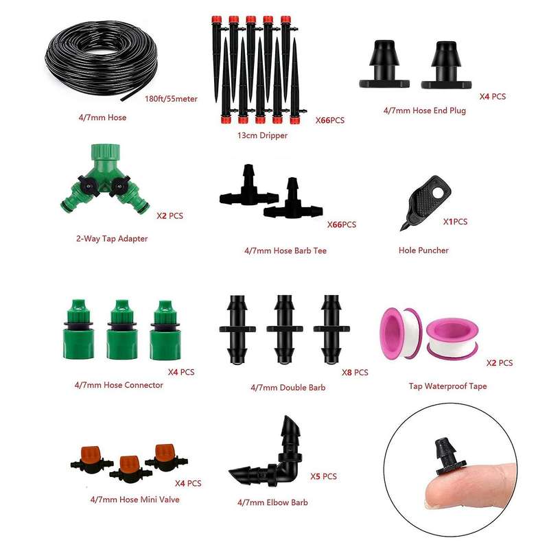180 Ft 1/4inch Hose Drip Irrigation System Adjustable Sprinkler Kit