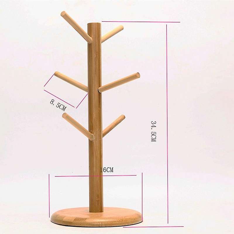 Tree Shape Wood Coffee Tea Cup Storage Holder Stand with 6 Hooks