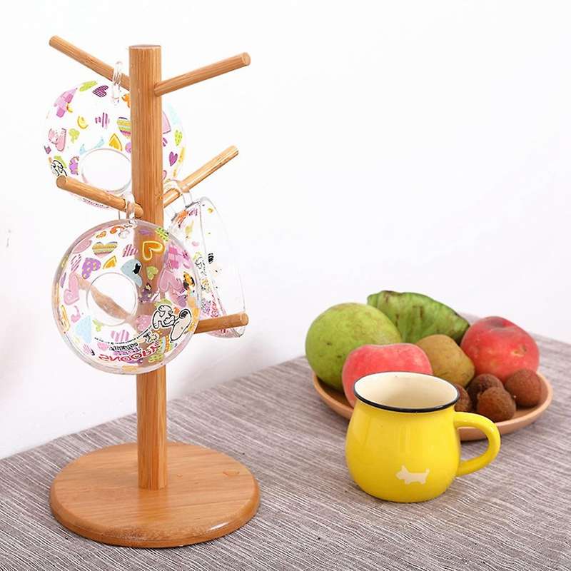 Tree Shape Wood Coffee Tea Cup Storage Holder Stand with 6 Hooks