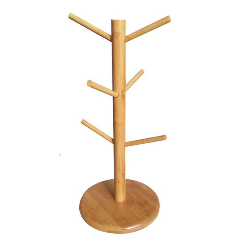 Tree Shape Wood Coffee Tea Cup Storage Holder Stand with 6 Hooks