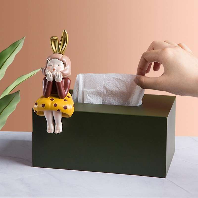 European Resin Rabbit Ears Girl Tissue Box Large Capacity B