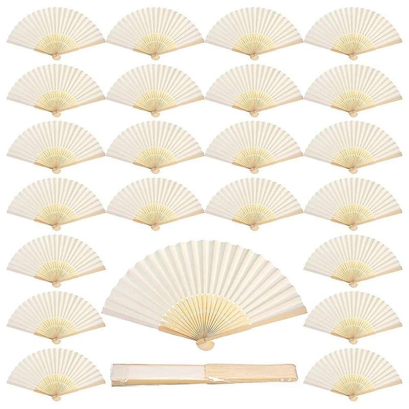 60 Pcs White Hand Fan Bamboo Folding Fan for Bridal Dancing Party