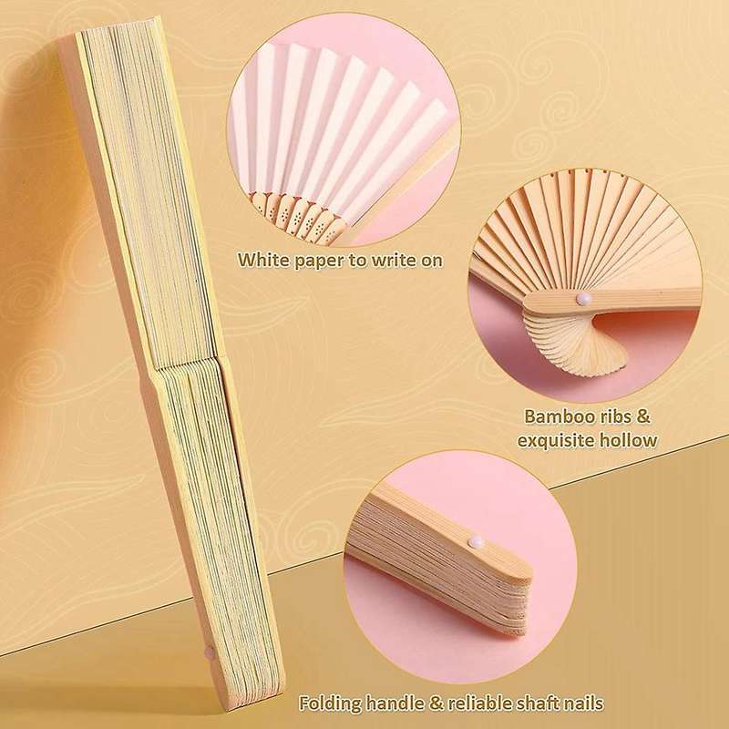 60 Pcs White Hand Fan Bamboo Folding Fan for Bridal Dancing Party