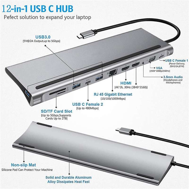 Docking Station Hub Type-c 12-in-1 for Macbook and Usb C Laptops