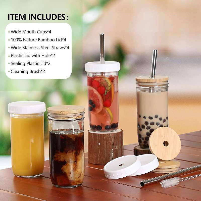 Glass Cups Set - 24oz Mason Jar Drinking Glasses W Bamboo Lids