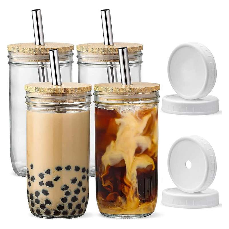 Glass Cups Set - 24oz Mason Jar Drinking Glasses W Bamboo Lids