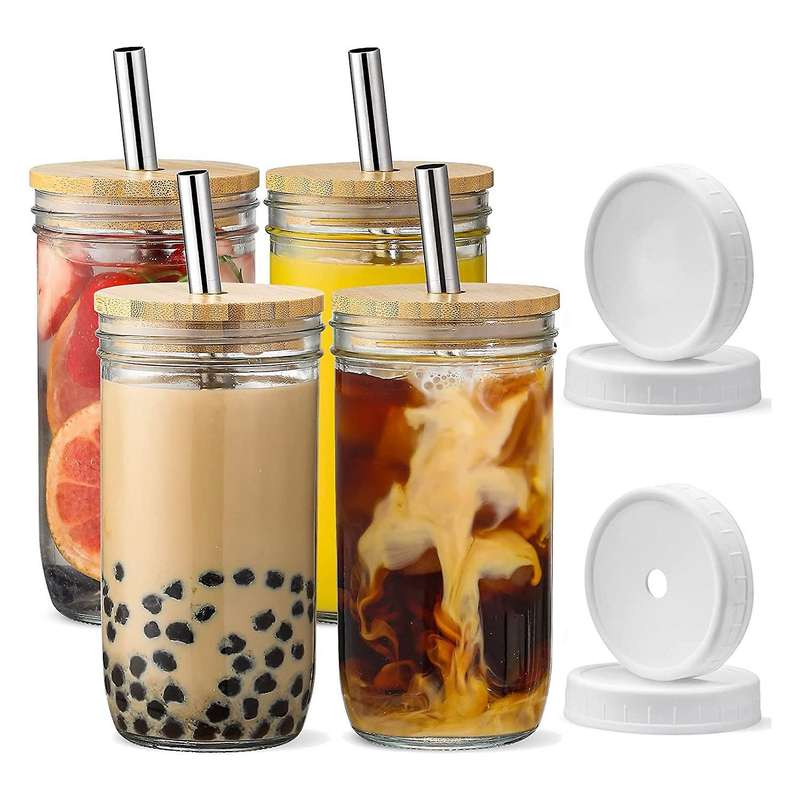 Glass Cups Set - 24oz Mason Jar Drinking Glasses W Bamboo Lids