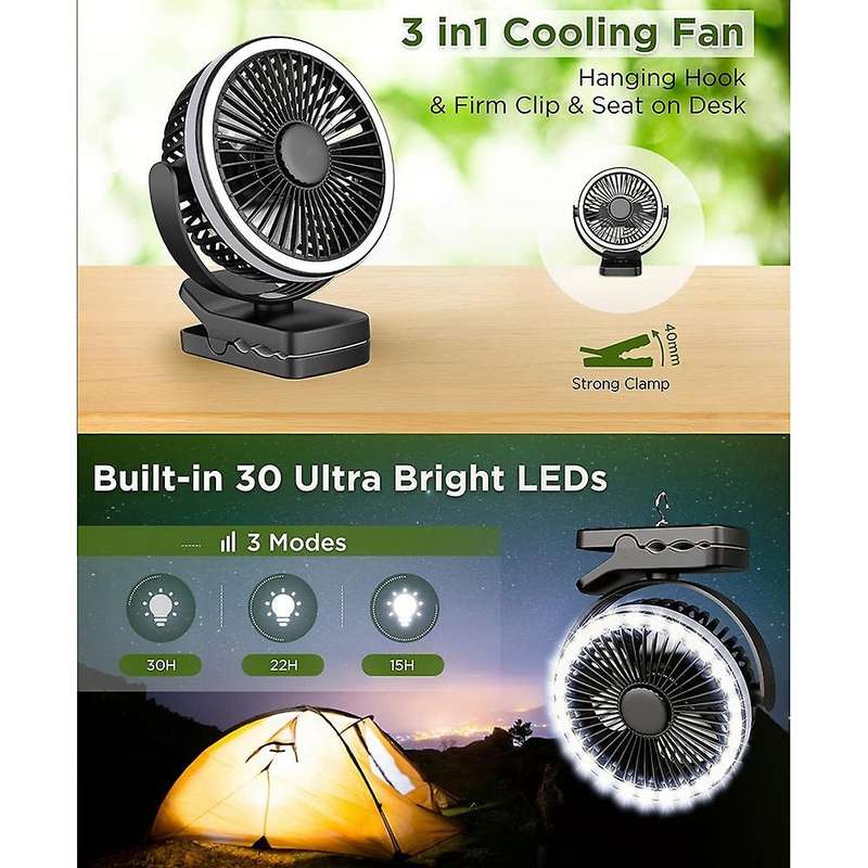 Desk Fan Camping Tent Fan Strong Wind with Led Lights for Outdoor