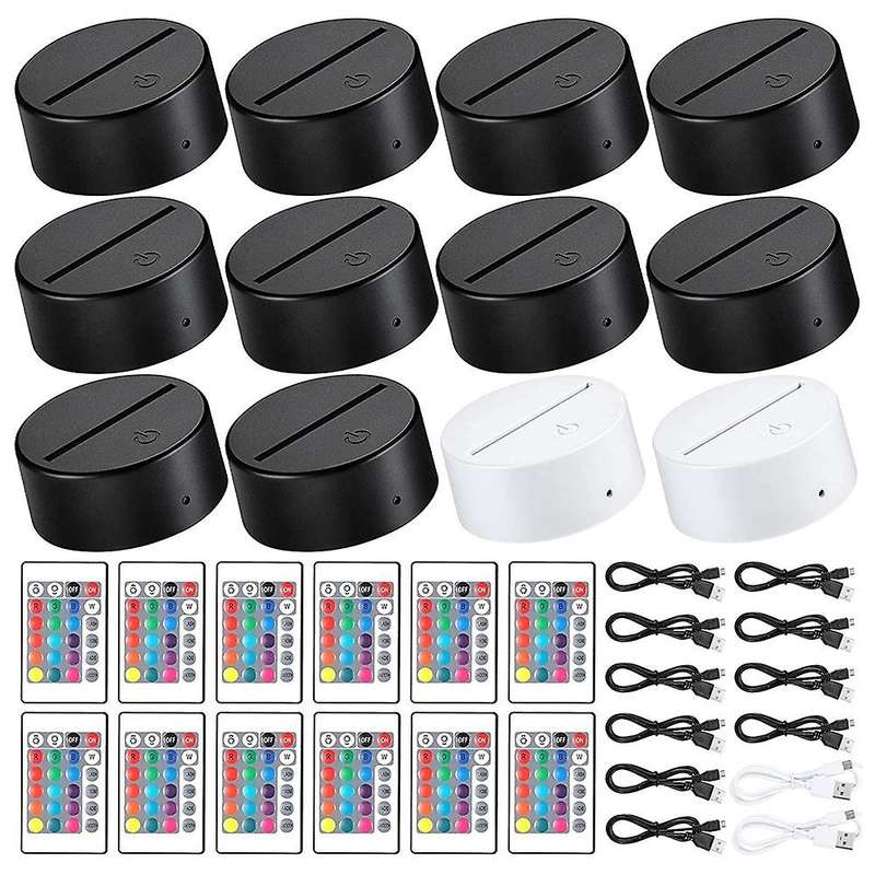 12 Pack 3d Night Led Light Lamp Base + Remote Control + Usb Cable