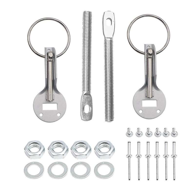 Car Hood Fasten Pin Aluminum Alloy Hood Lock Pins Lock Latch Mount Kit Universal Silver