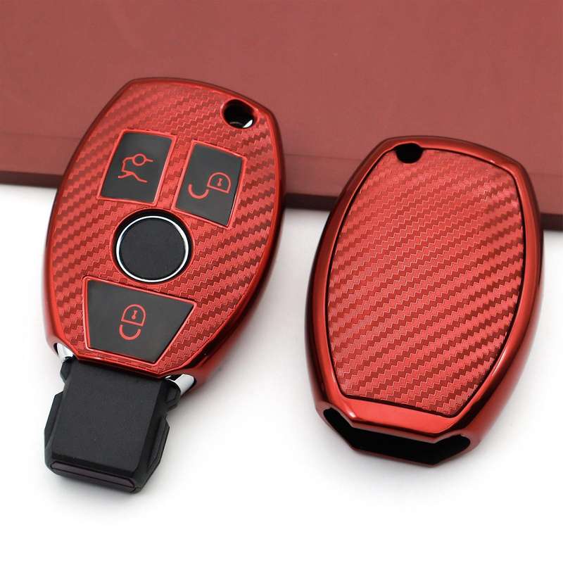 Car Key Case Fob for C E S G M V Class CLA W204 Soft Carbon Fiber Key Case Cover Accessories,Red
