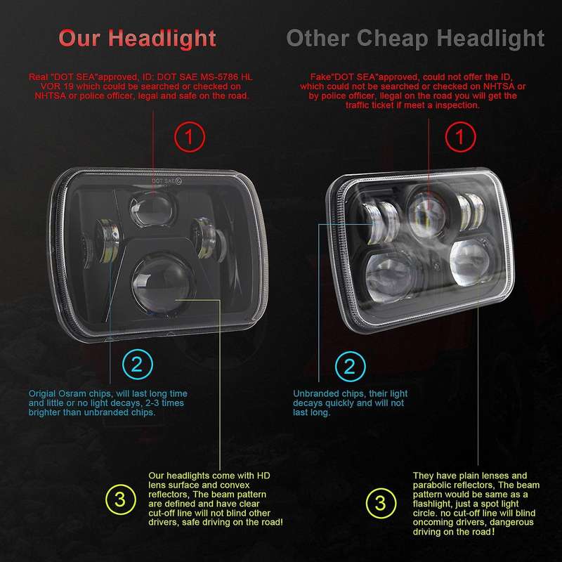 Car Modified Headlights 250 Watts Square 7Inch (5X7)/(7X6) LED Truck Headlights (Right and Left Eyes