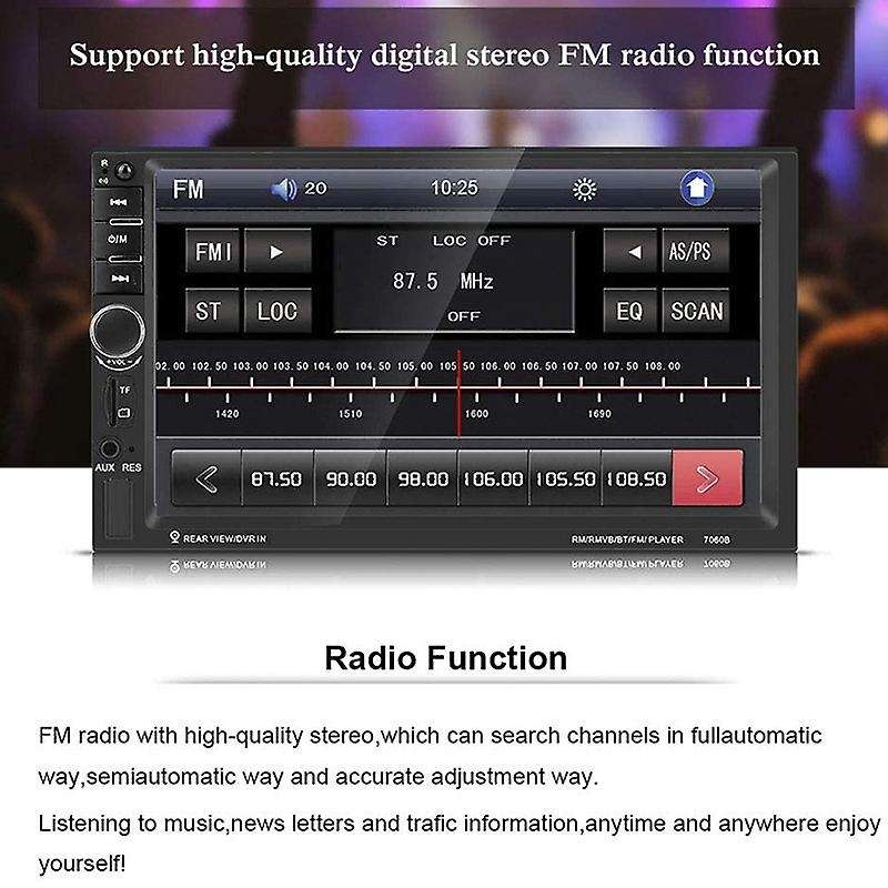 Car MP5, 7060B 7Inch HD TFT Screen Bluetooth Car MP5 Video Player FM Radio AUX USB Rear View Camera