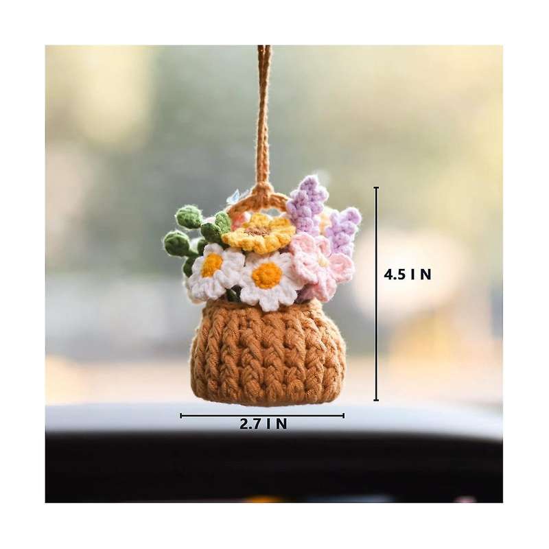 Car Plant Ornament Car Decorative Rearview Mirror Pendant Cute Car Mirror Ornament Knitted Rearview