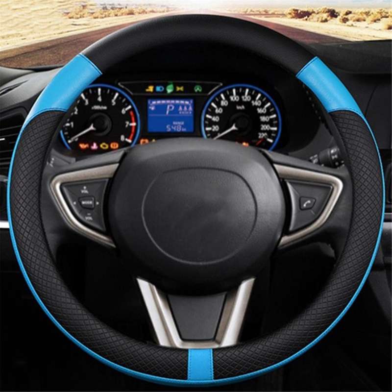 Car PU Leather Universal Steering Wheels Cover 38cm Car Interior Accessories Black+Blue