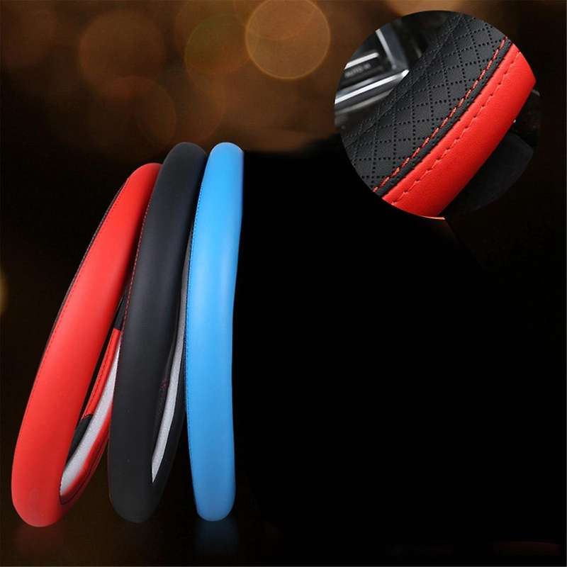 Car PU Leather Universal Steering Wheels Cover 38cm Car Interior Accessories Black+Blue