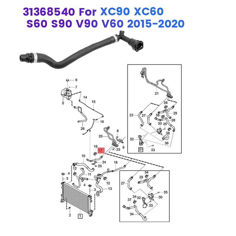 Car Radiator Hose Line 31368540 for XC90 XC60 S60 S90 V90 2015-2020 Coolant Ventilation Hose
