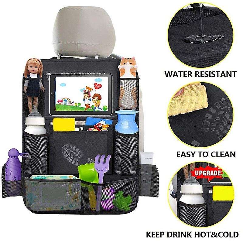 Car Rear Seat Storage Bag with Press Screen Tablet Holder + 9 Storage Bags, Kick Pad, Seat Back Cove