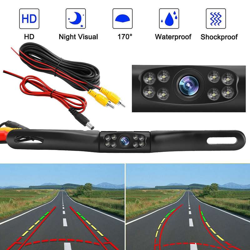 Car Rear View Camera Waterproof Wide 170 degree Night Vision Backup Camera 8-LED Long License Plate