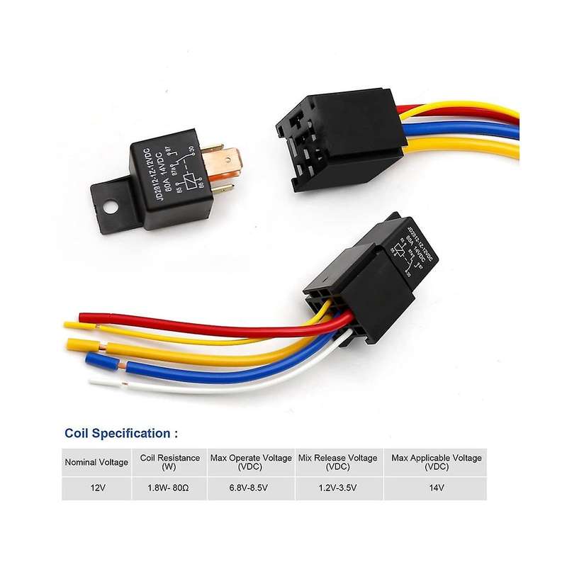 Car Relay with Harness, 5Pin 80A Relay On/Off Normally Open SPDT Relay Socket Plug JD2912-1Z-12VDC 8