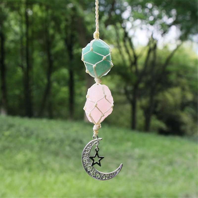Car Star Moon Pendant Stone Crystal Chakra Quartz Net Bag Pendant Home Wall Hanging Decor Car Penda