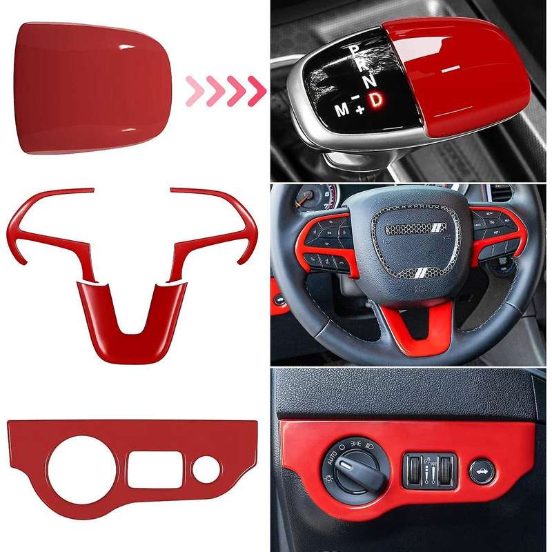 Car Steering Wheel Frame & Headlight Switch Panel Sticker & Gear Shift Trim Cover for Charger/ 2015-