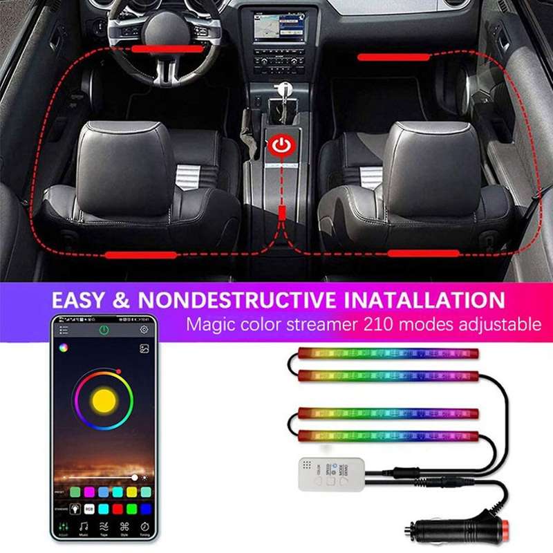 Car Symphony Foot Light Voice Control APP Symphony Streamer Light 48 LED Atmosphere Light for SUV Tr