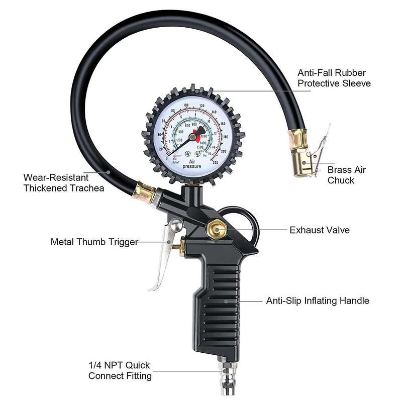 Car Tire Pressure Gauge 220 PSI Tire Inflator with Valve Core Tool Compressor for Car Motorcycle Bi