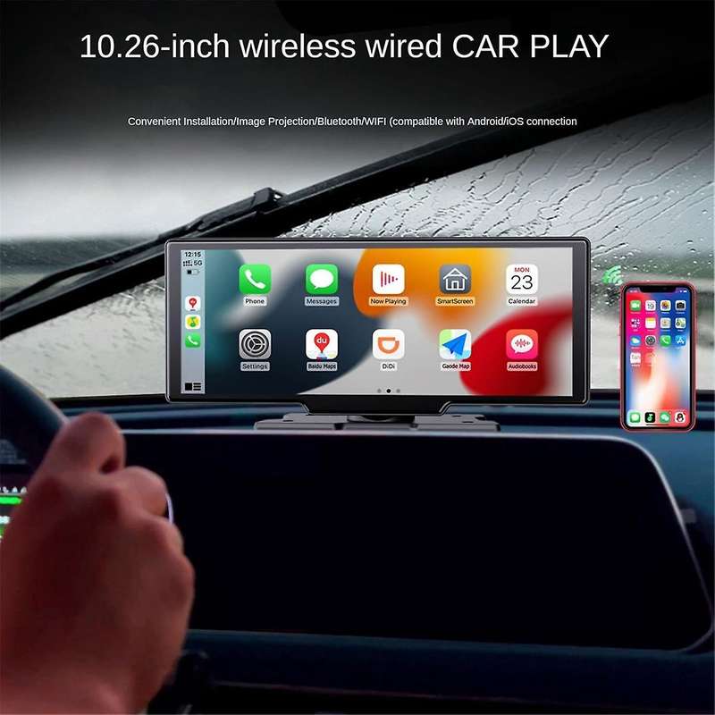 Car Wireless CarPlay Screen, Portable 10.26-Inch IPS Android Auto Wireless Car Screen, Driving Reco