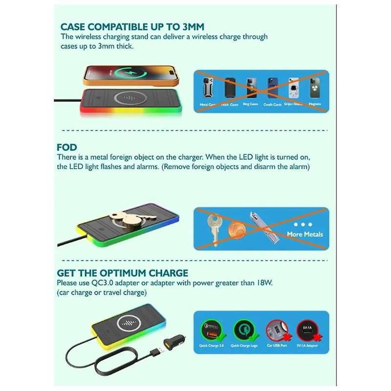 Car Wireless Charger with Breathing Light RGB Car Anti-Slip Pad Wireless Charging Suitable for