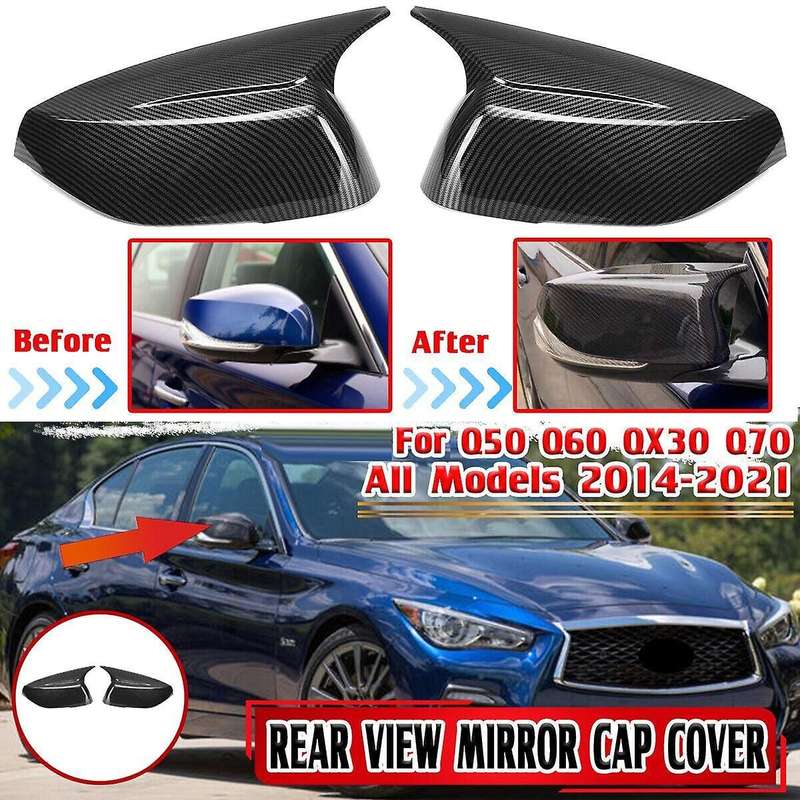 Carbon Fiber Look Horn Style Side Door Rearview Mirror Cover Trim Shells Cap for Q50 Q60 2015-2023 M