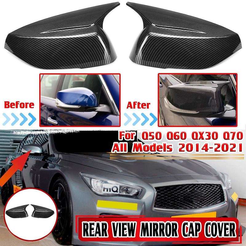 Carbon Fiber Look Horn Style Side Door Rearview Mirror Cover Trim Shells Cap for Q50 Q60 2015-2023 M