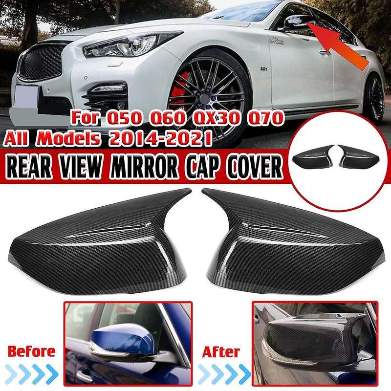 Carbon Fiber Look Horn Style Side Door Rearview Mirror Cover Trim Shells Cap for Q50 Q60 2015-2023 M